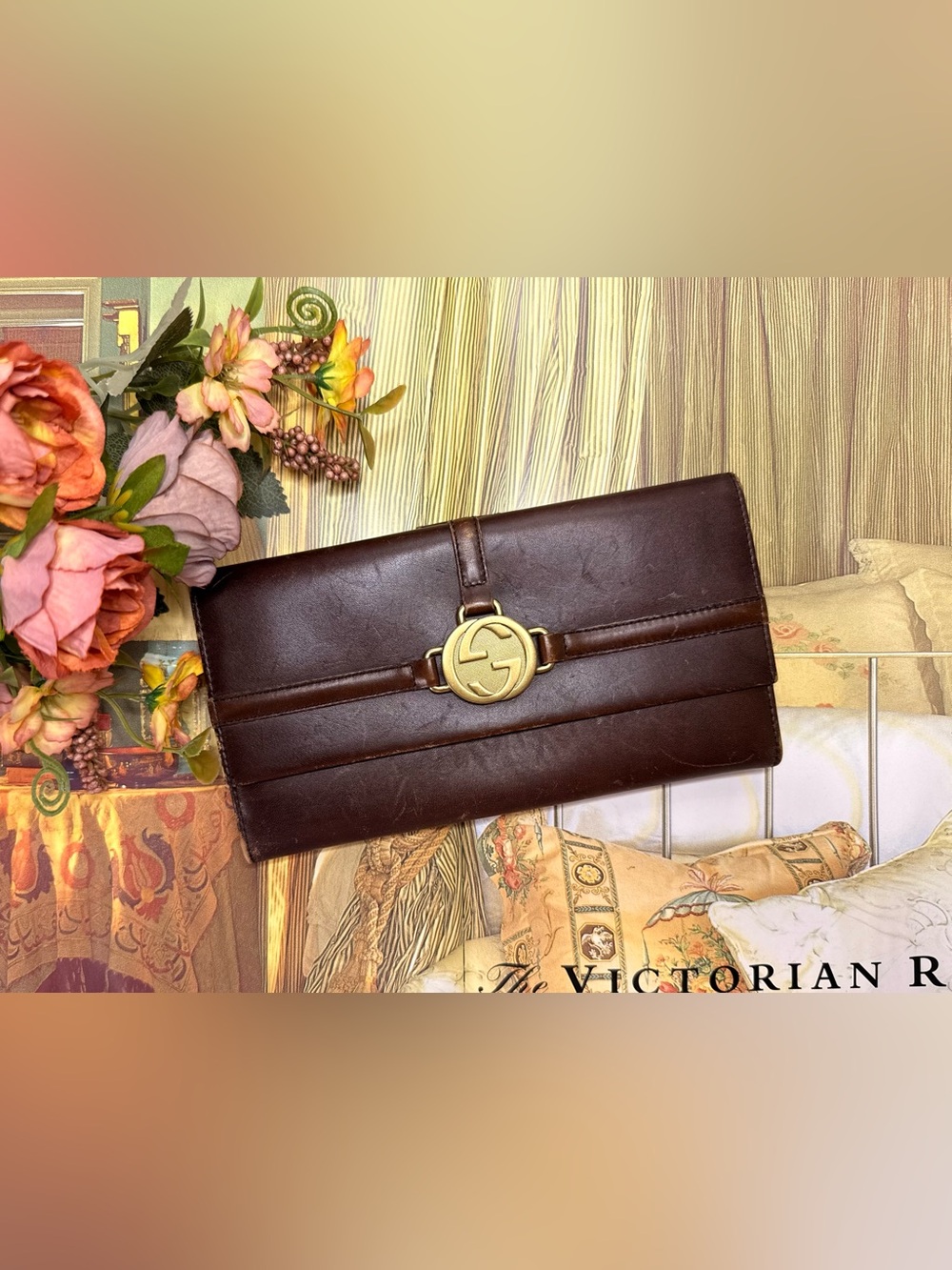 Vintage Gucci Dark Brown Leather Clutch with Gold GG Medallion